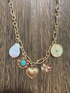 Gold Charm Necklace with Turquoise and Pearl Accents